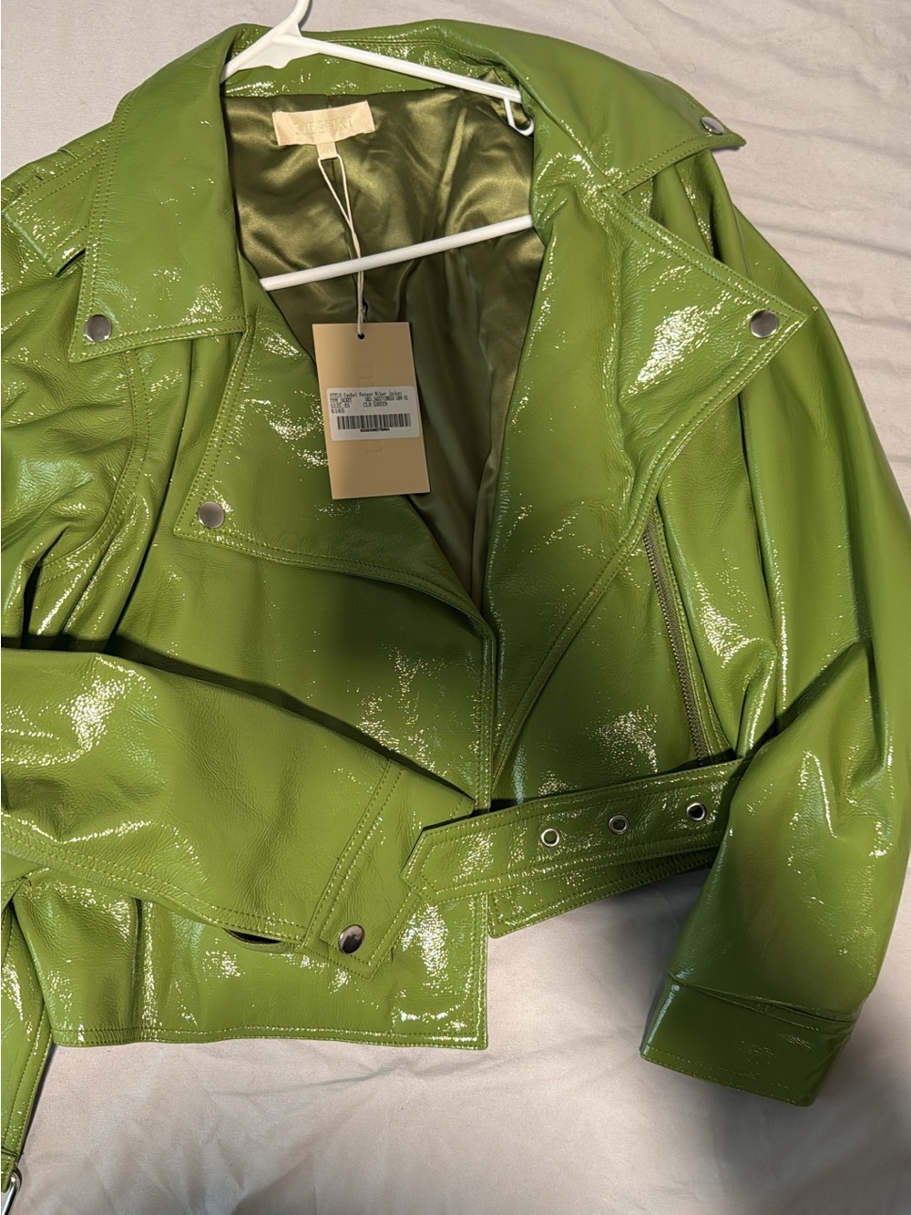 Meshki Olive Green Patent Moto Jacket